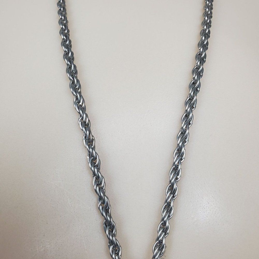 Vintage Silver Tone Rope Chain Box Tassel Round Clear Ball Lariat Opera Necklace - Picture 3 of 11